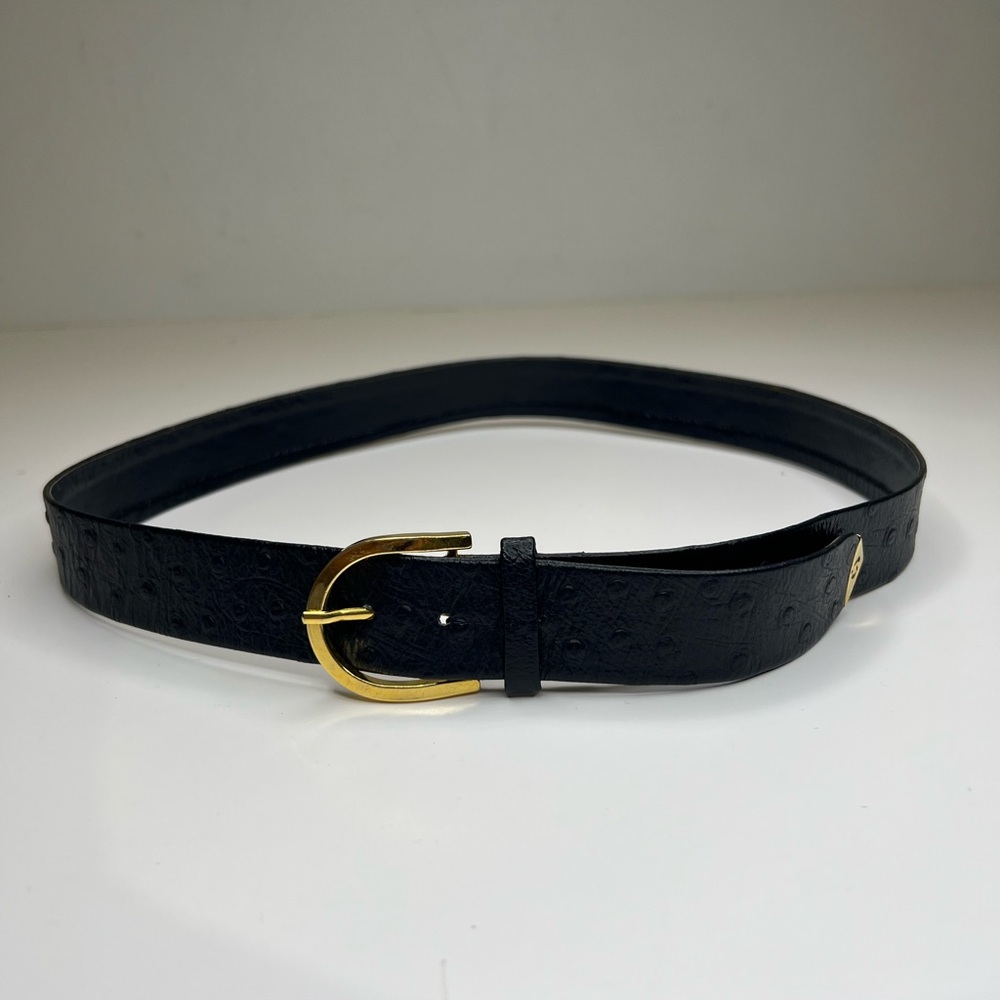 Mila Schon 1970s vintage navy ostrich with gold belt buckle.